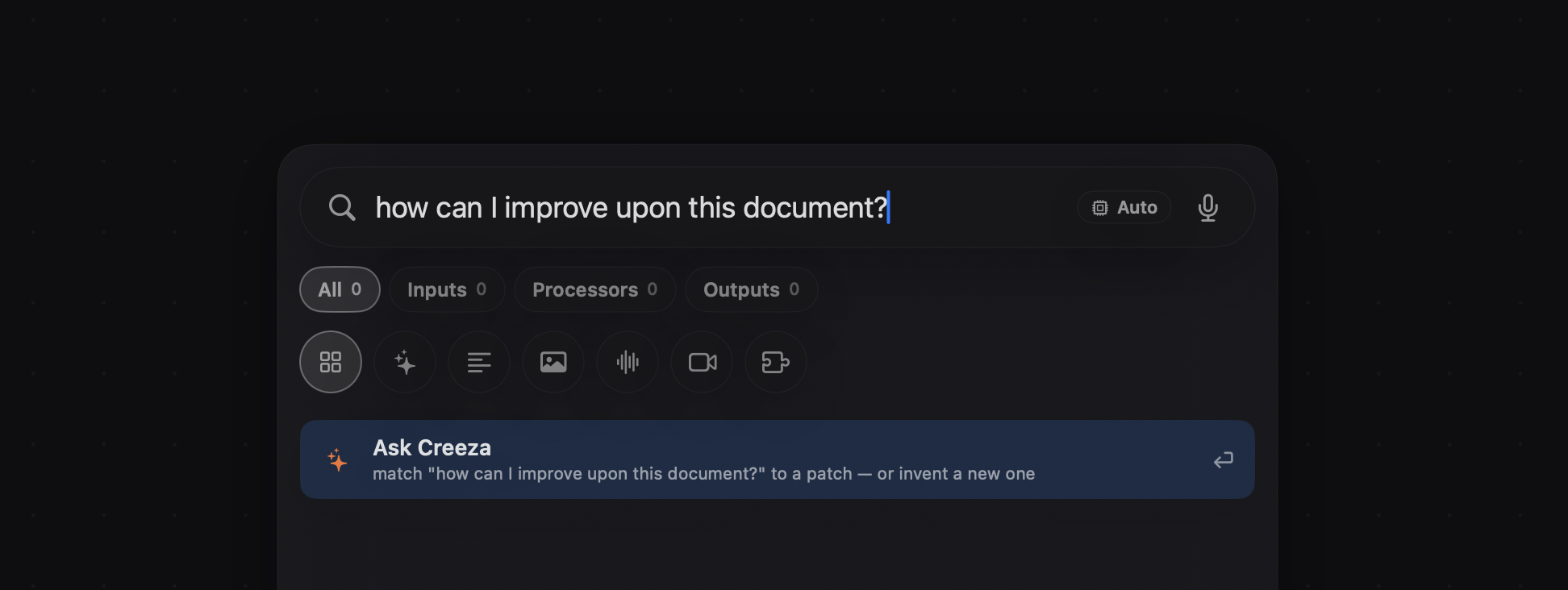 A picker search for “how can I improve upon this document?” with zero library matches, falling back to an Ask Creeza row offering to match it to a patch or invent a new one