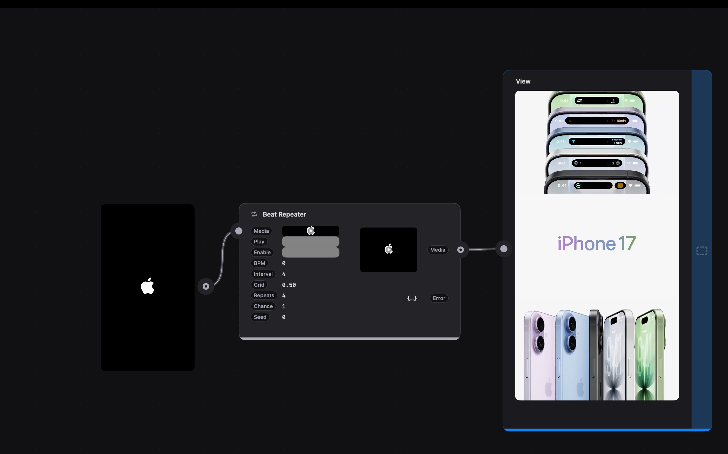 A Beat Repeater patch with BPM, interval, grid and repeat controls driving a video artboard
