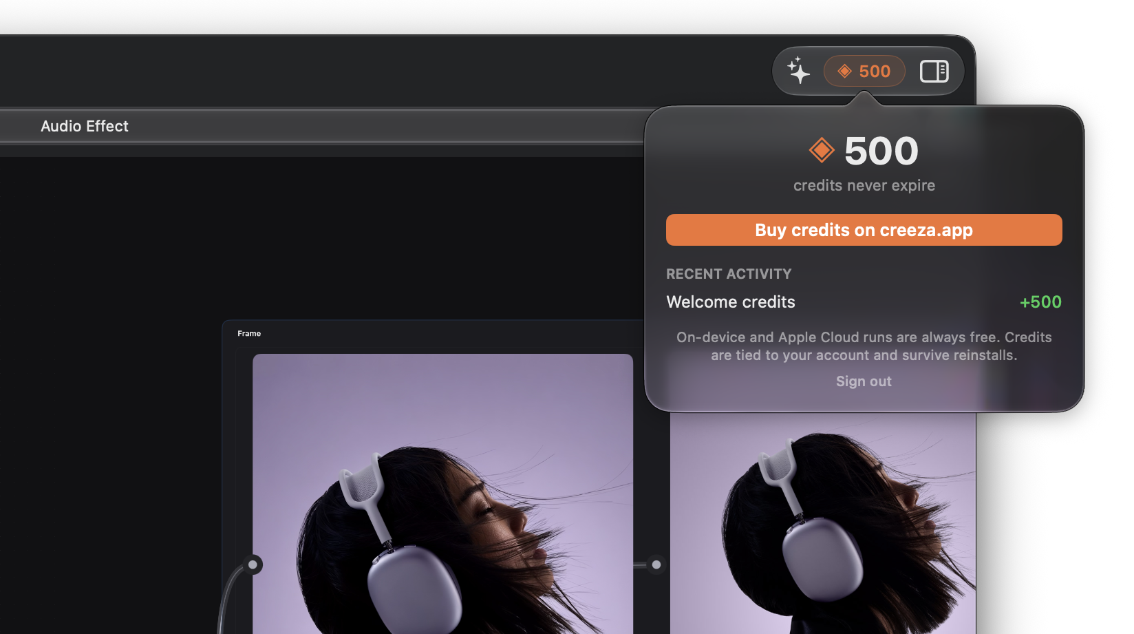 The credits popover in the Creeza toolbar showing a 500 balance, a buy button, and a recent activity log
