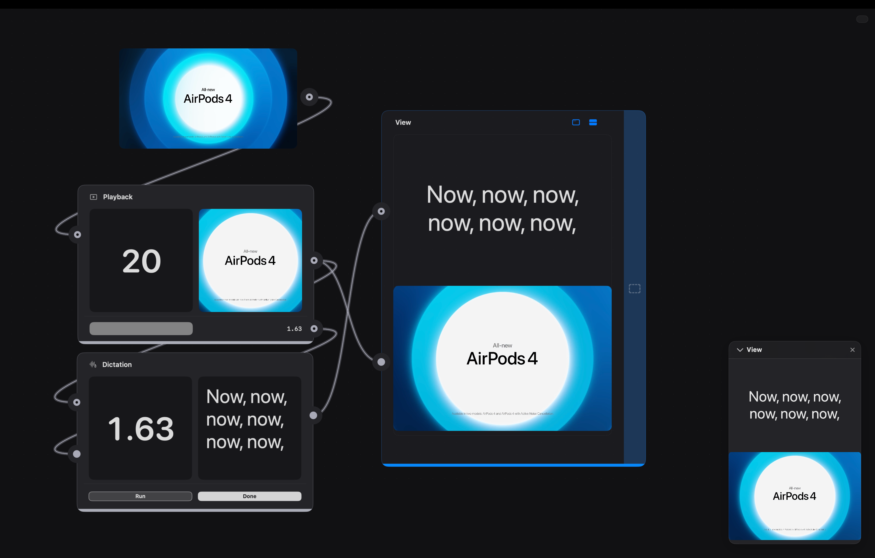 Playback and Dictation patches feeding a View patch with stacked text and image layers