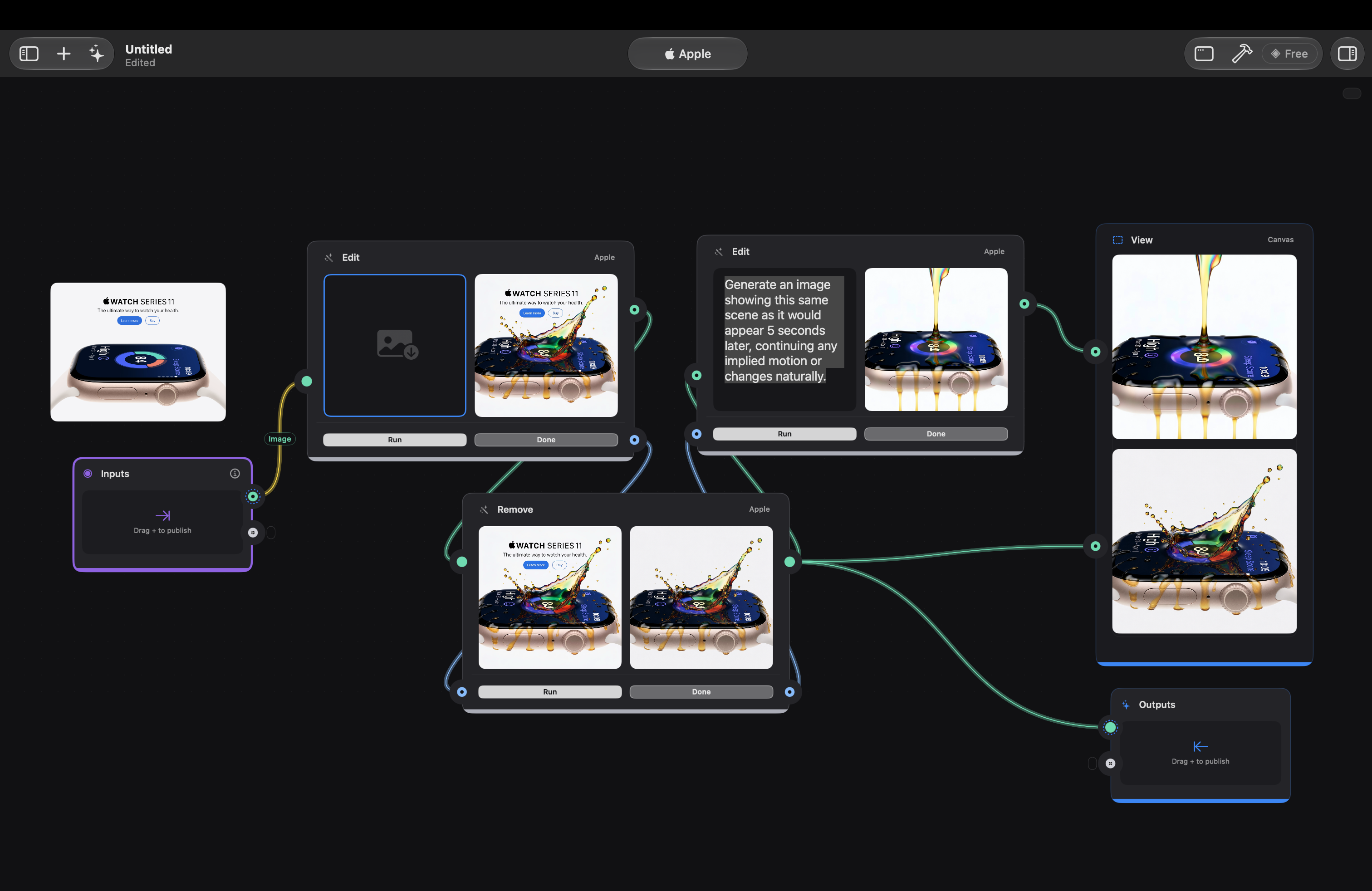 Edit and Remove patches running on an Apple Watch layout, each showing its own result on the canvas