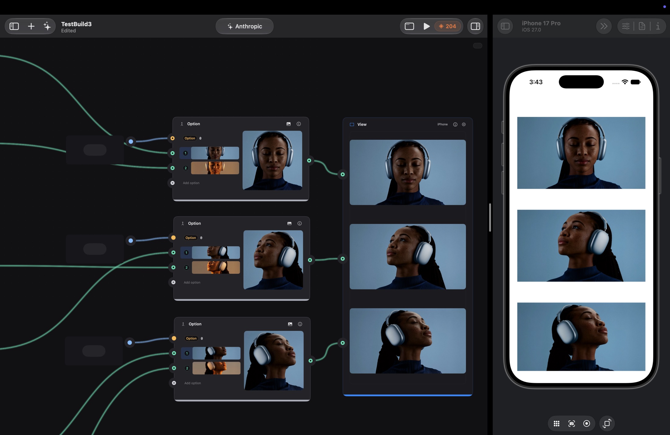 Three Option patches feeding one View, previewed live on an iPhone beside the graph