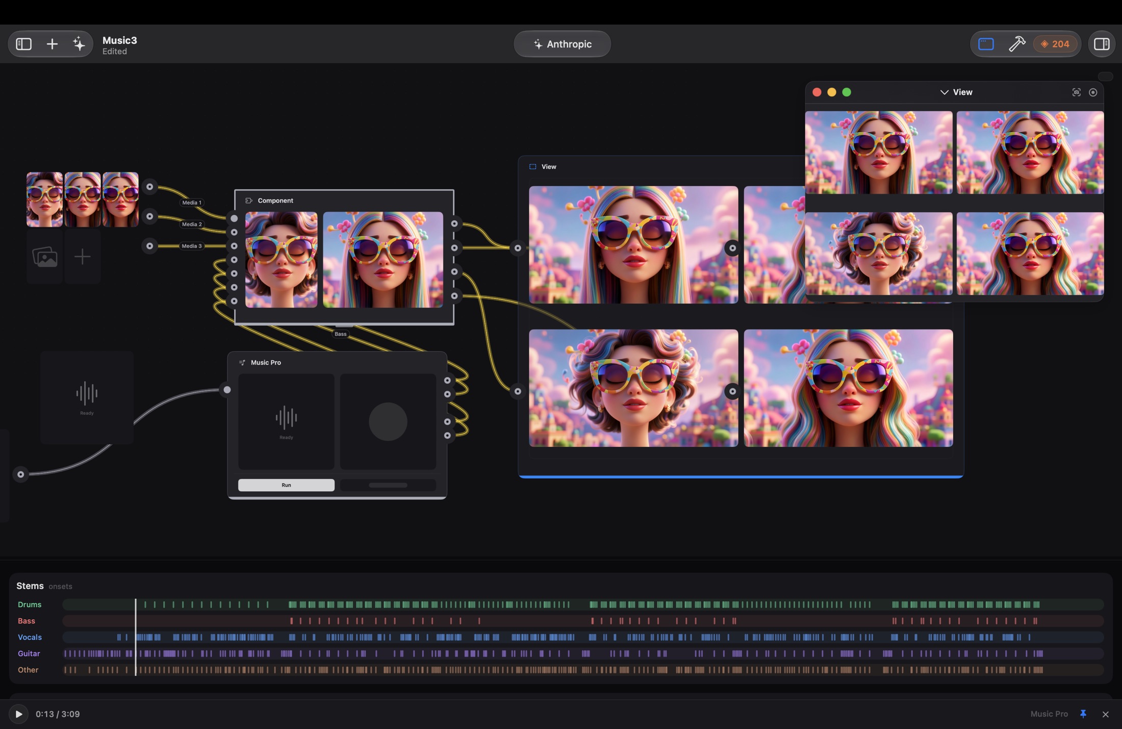 A reusable Component fed by three images, with song stems running along the bottom