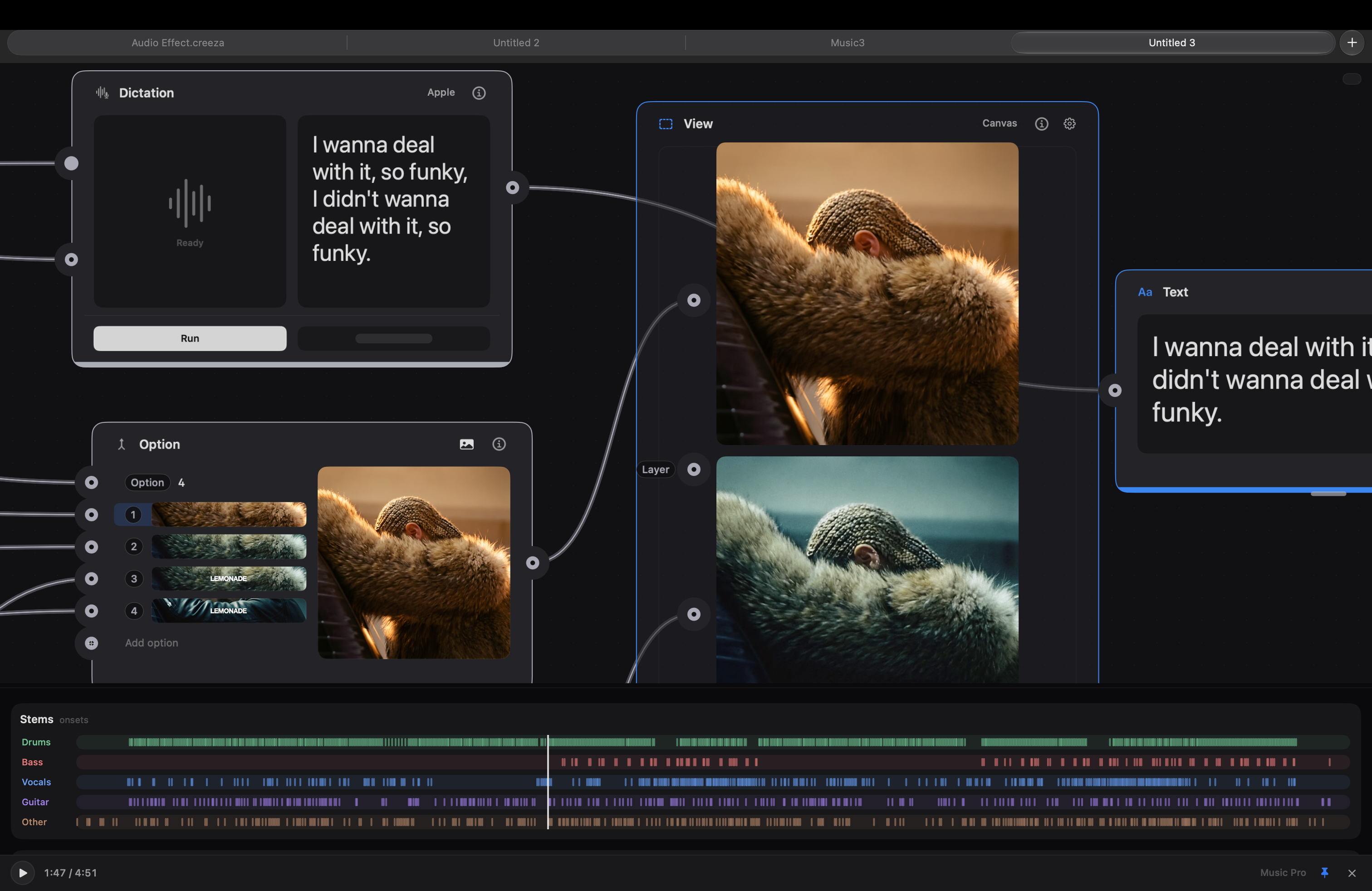 Dictation transcribing a track into a Text layer stacked over artwork in the View