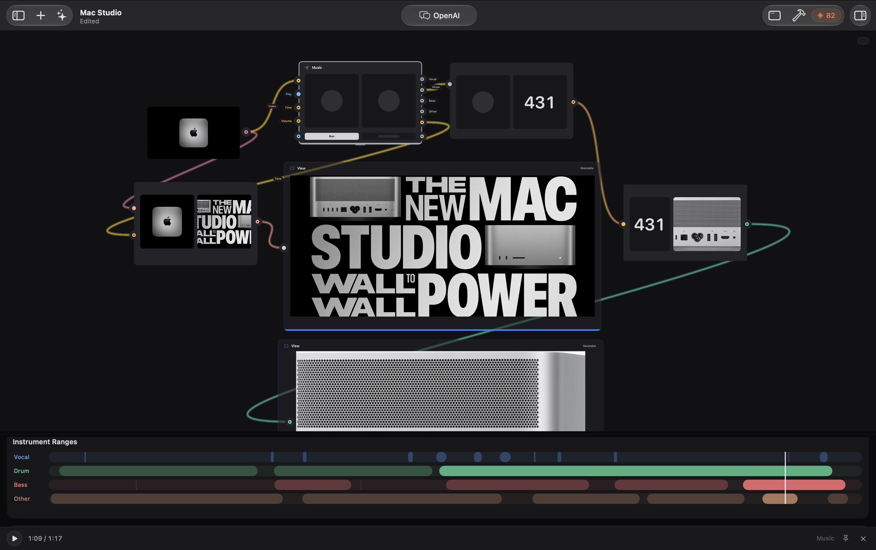 A Mac Studio promo document: Music patch driving stems, an OpenAI model and layered views composing a wall-to-wall power title card
