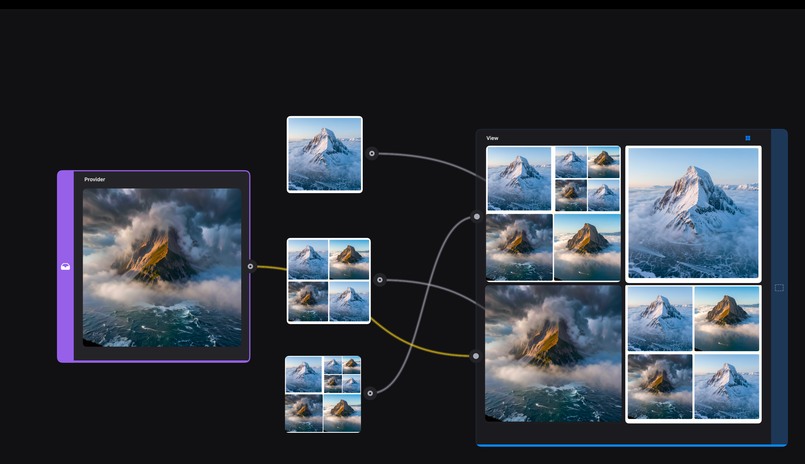 One source image fanning out into several grid layouts inside a View patch