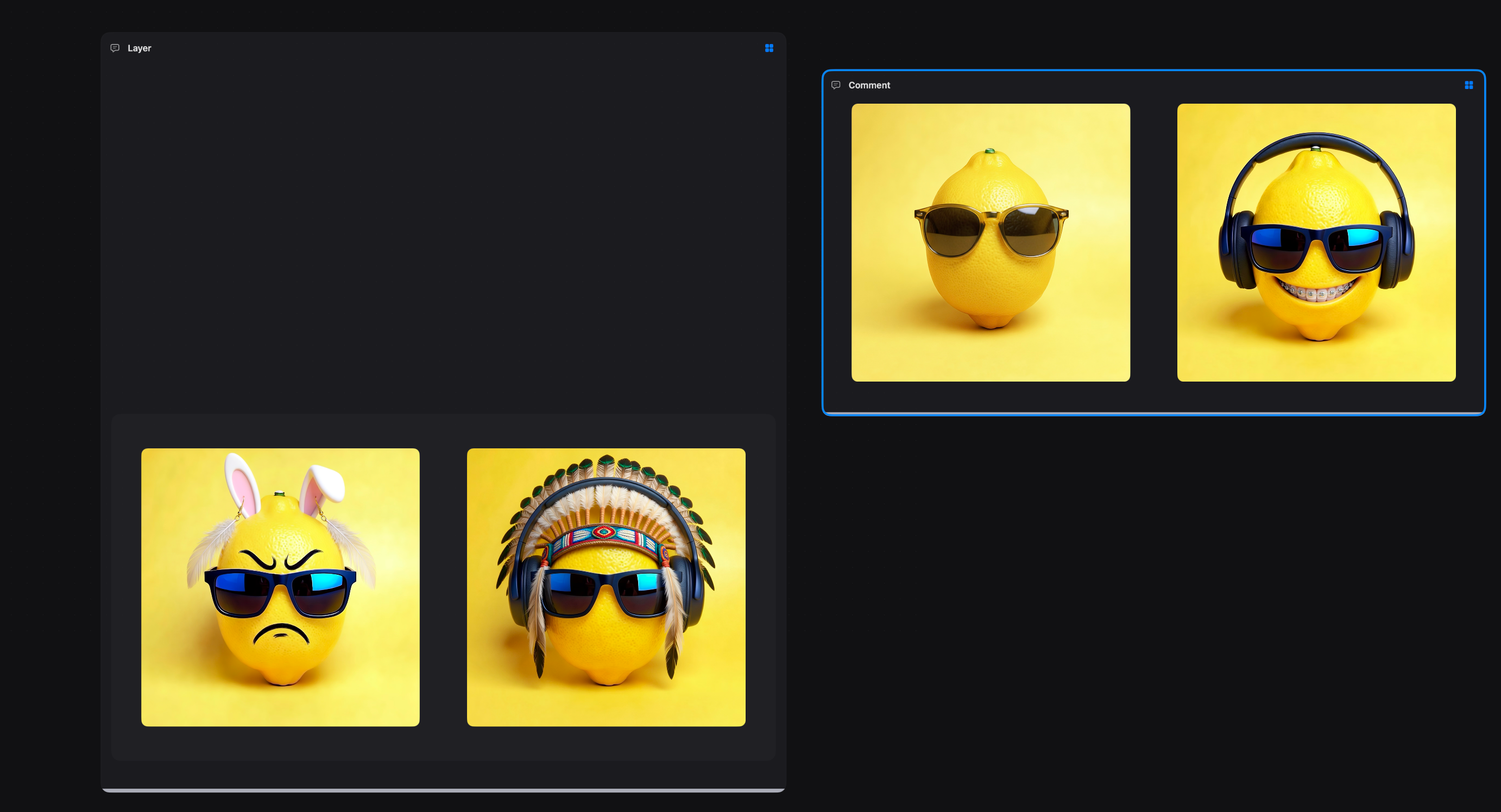 A Layer patch composing images, next to a Comment patch holding reference images