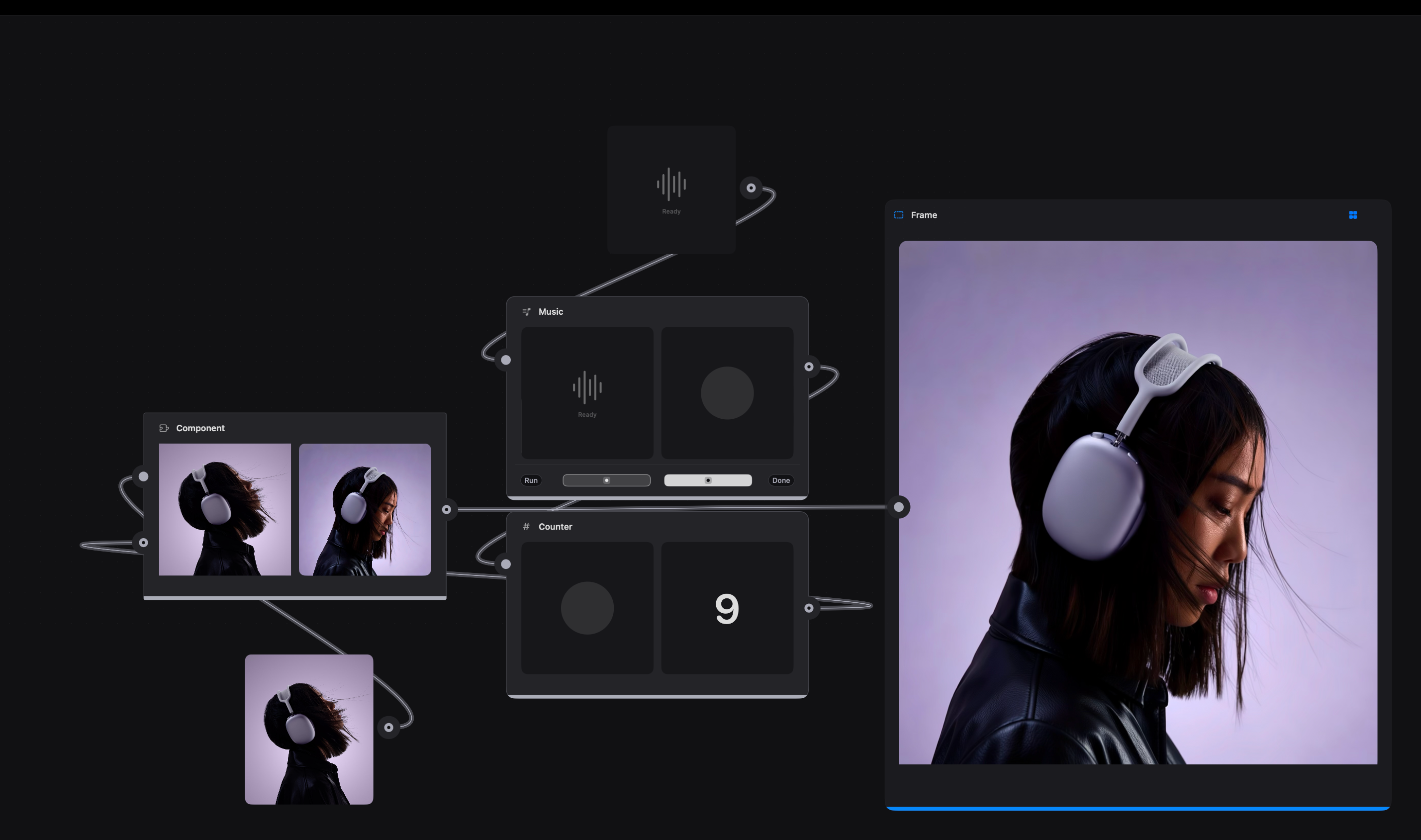A Music patch and counter driving a full-bleed product artboard