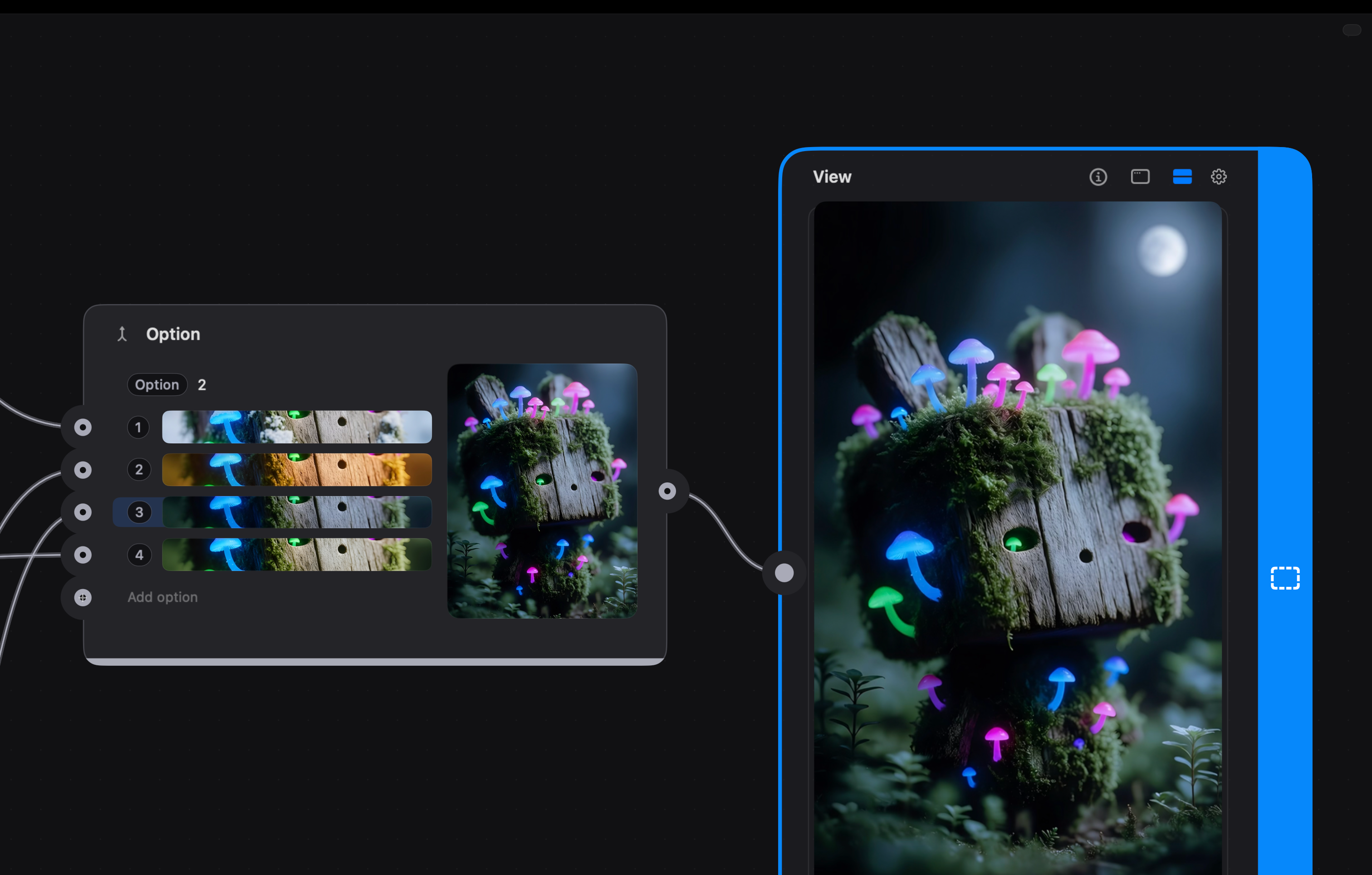An Option patch holding four colour variants of the same image, feeding a phone-shaped View