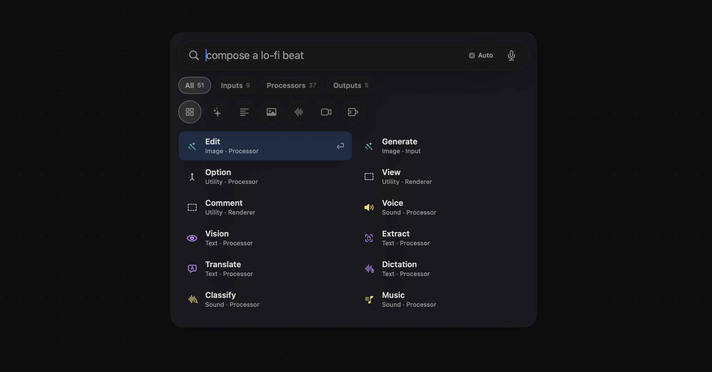 The patch picker with All, Inputs, Processors and Outputs filters, a row of category icons with AI selected, and a two-column results list