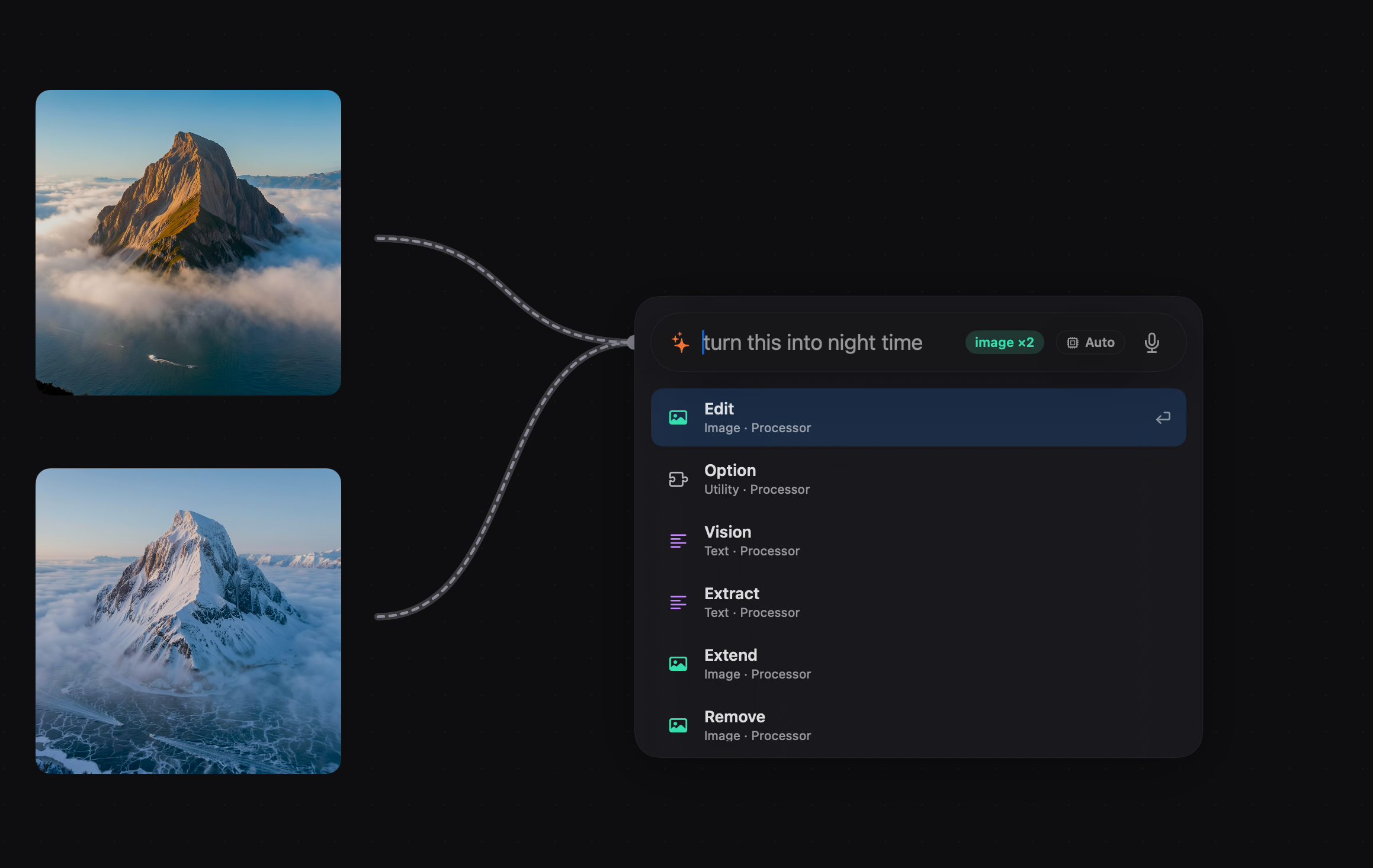 Two images cabled into a search field reading “turn this into night time”, with Edit, Option, Vision, Extract, Extend and Remove ranked below