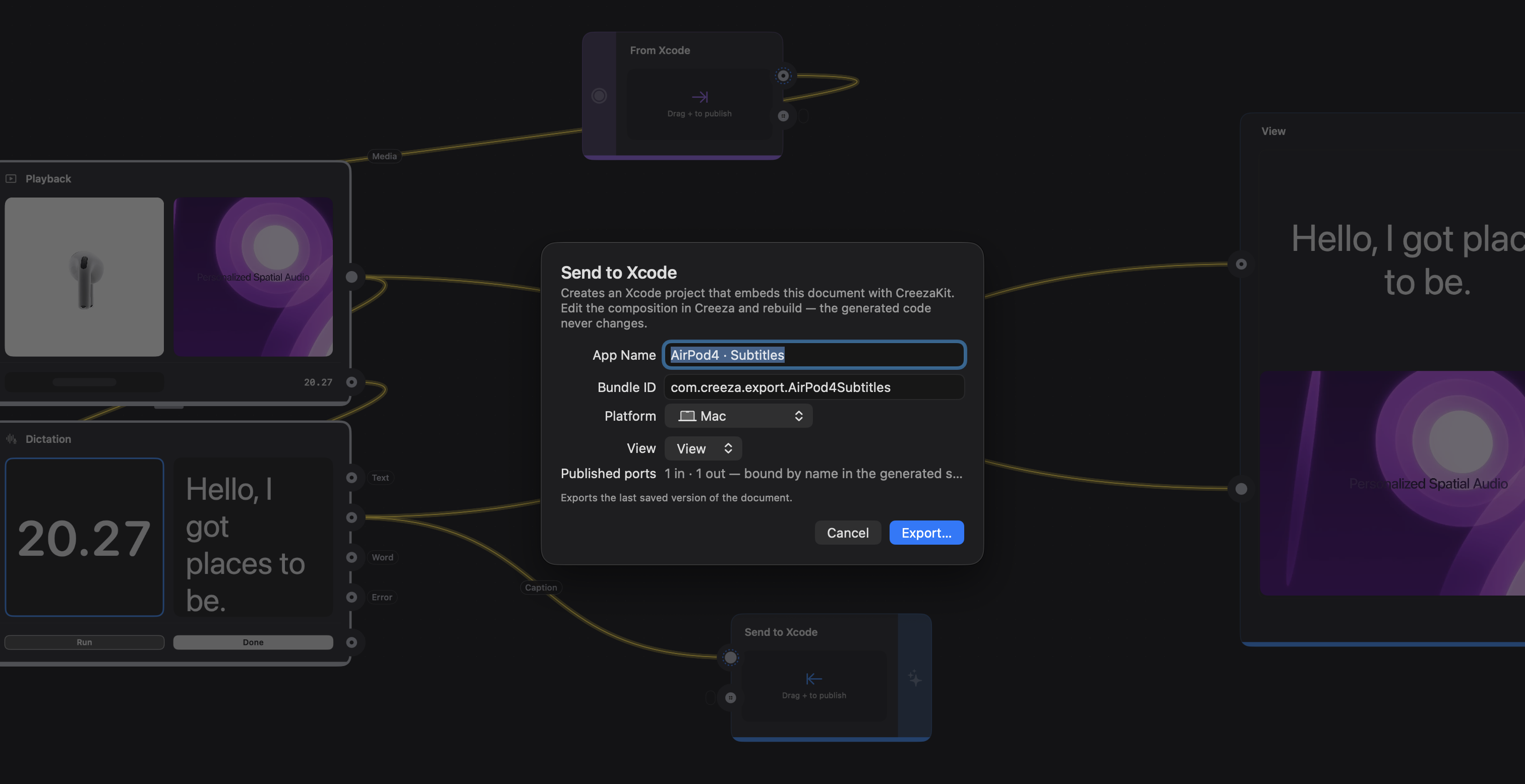 The Send to Xcode dialog, with App Name, Bundle ID, Platform and View fields over the underlying graph of Playback, Dictation and View patches