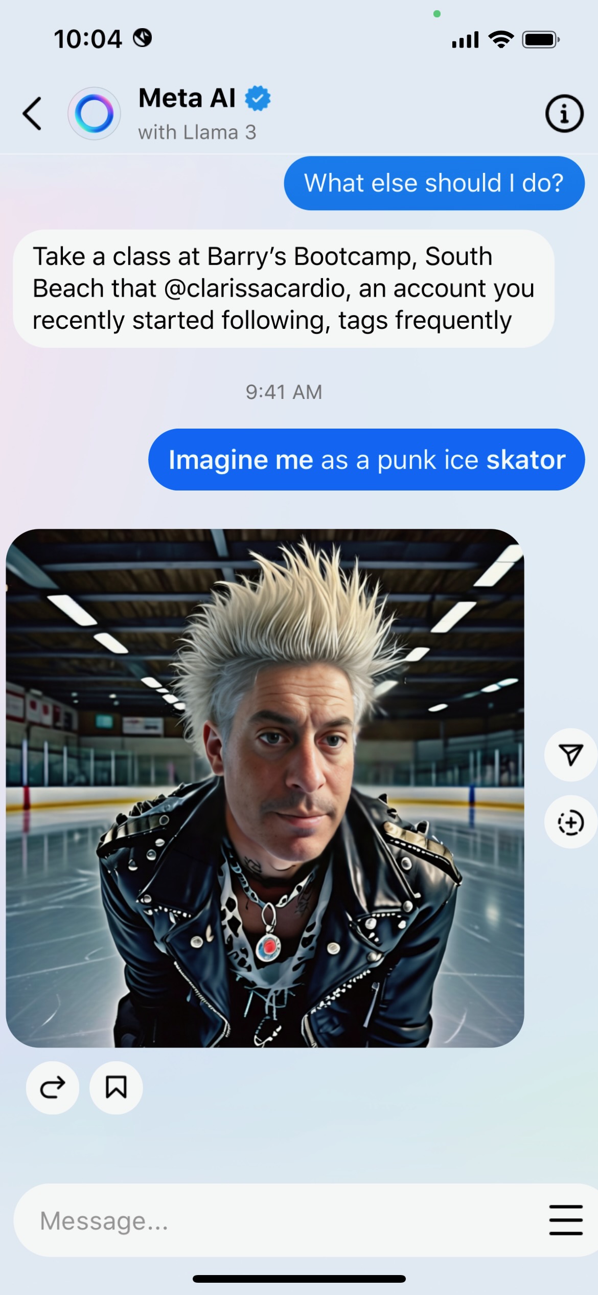 Meta AI chat generating an Imagine Me result from the prompt, imagine me as a punk ice skater