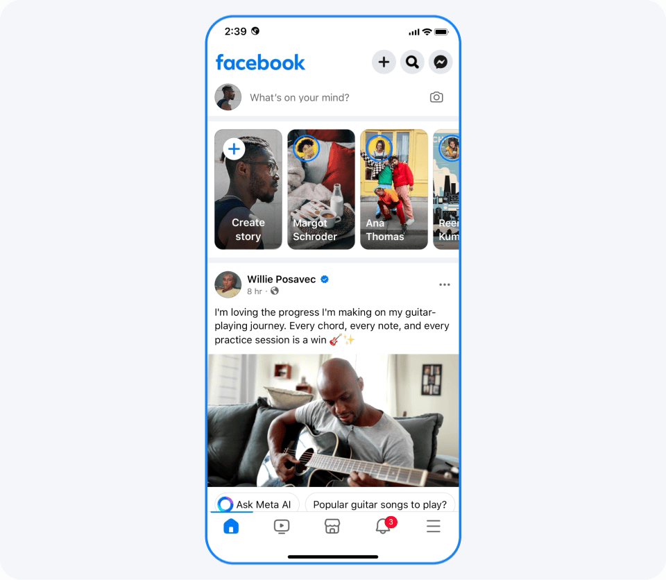 Meta AI in Feed prototype, asking Meta AI about a post directly from the Facebook feed
