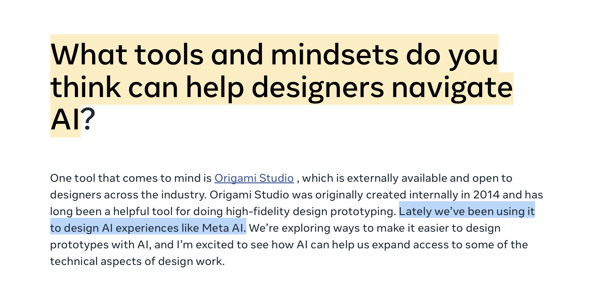 Excerpt: asked what tools and mindsets help designers navigate AI, Alicia names Origami Studio, used to design AI experiences like Meta AI.